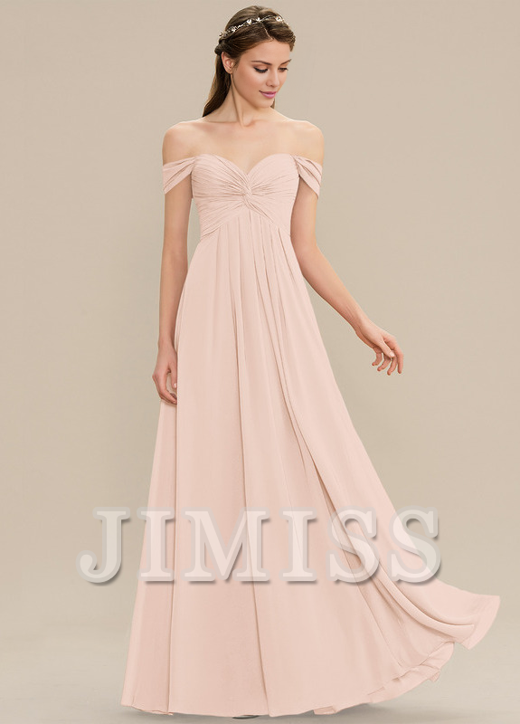 Vestido de dama de honor de gasa con volantes, corte A, hombros descubiertos y largo hasta el suelo