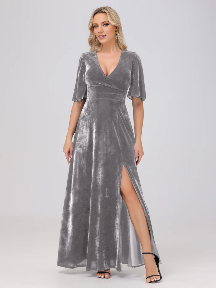 Abito da damigella d'onore in velluto con scollo a V, maniche corte e spacco, lunghezza al pavimento