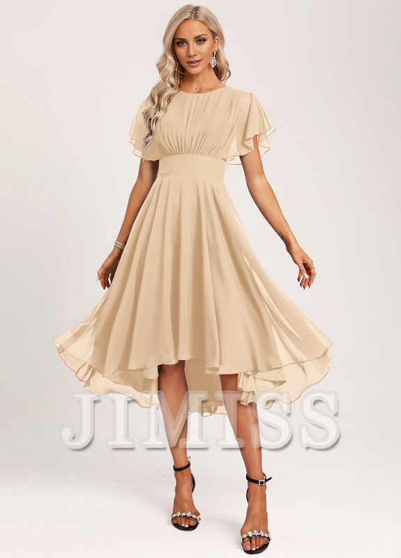 Vestido de dama de honor asimétrico de gasa con volantes, corte A y cuchara