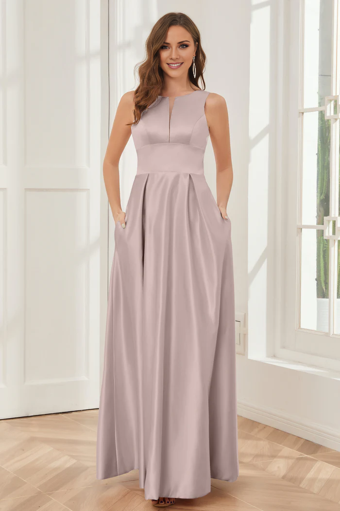 Abito da damigella d'onore a trapezio, senza maniche, in raso, lungo fino al pavimento