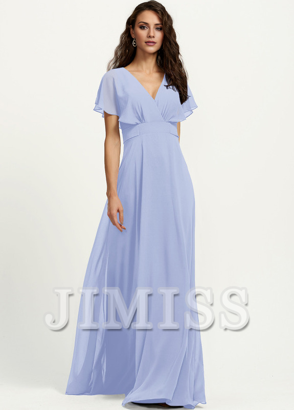 Abito da damigella d'onore in chiffon lungo fino al pavimento, con scollo a V e linea ad A