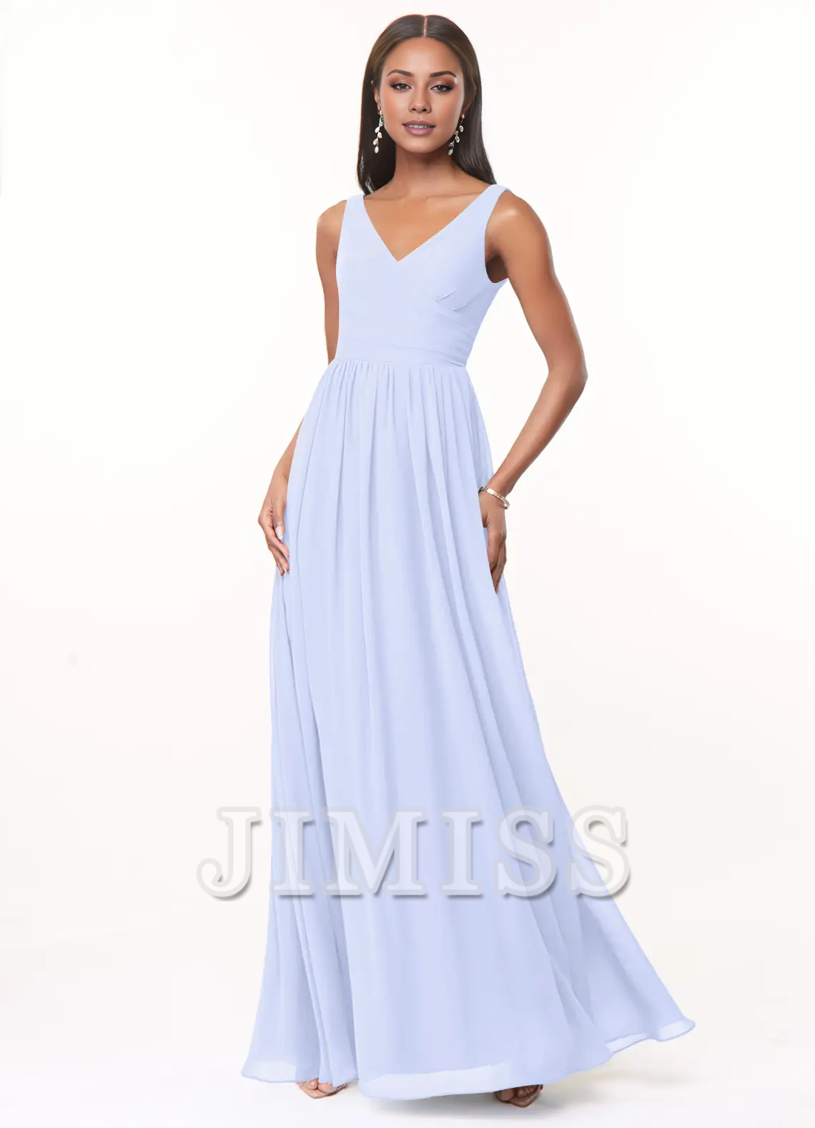 Vestido de dama de honor de gasa plisada con escote en V y corte A hasta el suelo - Vestido Jimiss 