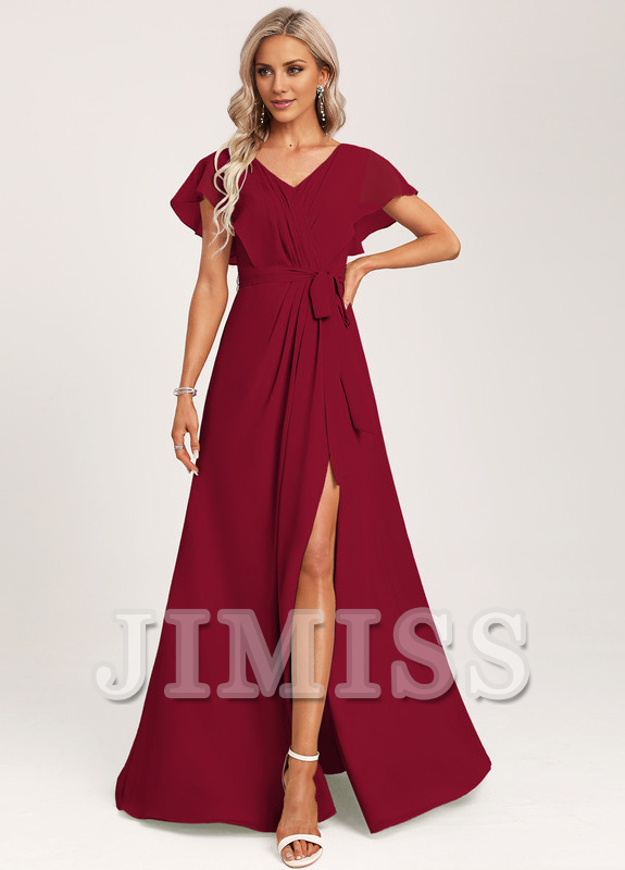 Vestido de dama de honor de gasa con volantes, escote en V y largo hasta el suelo