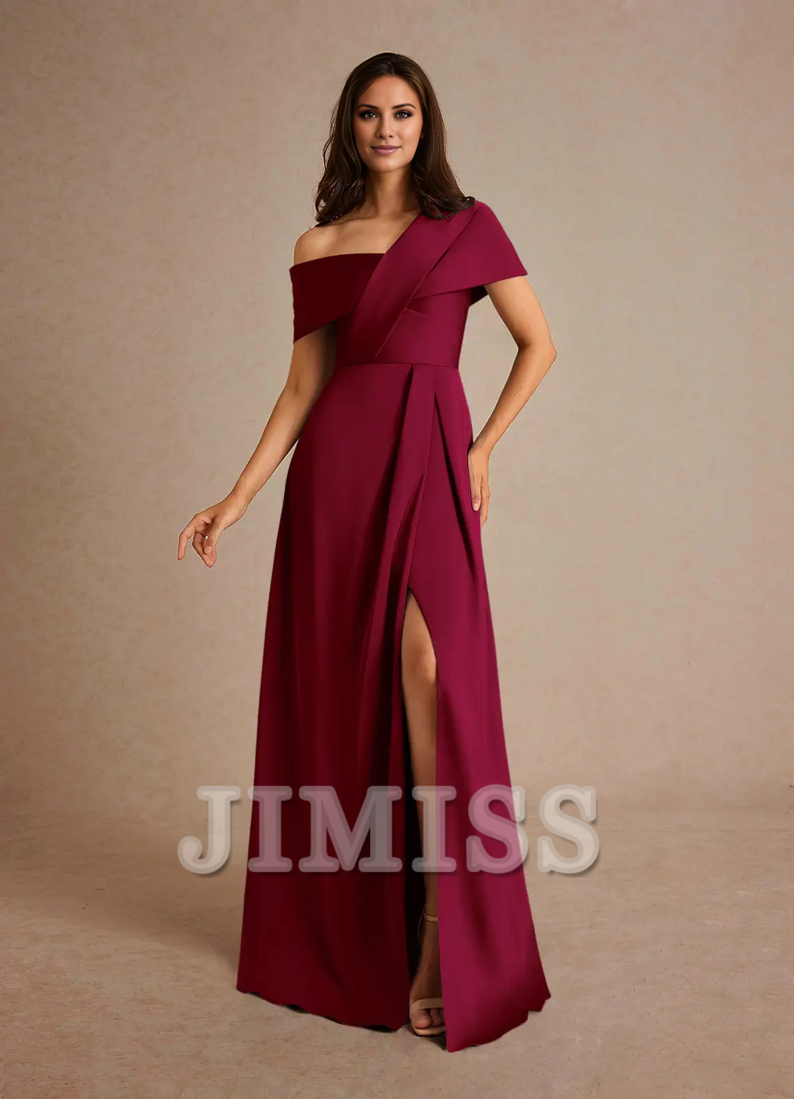 Dark Navy Crepe A-Line Off-the-Shoulder Floor-Length Bridesmaid Dress