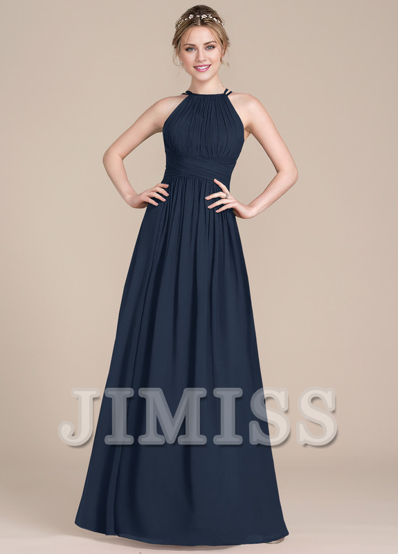 Vestido de dama de honor de gasa con escote redondo y corte A con diseño de hojas de loto