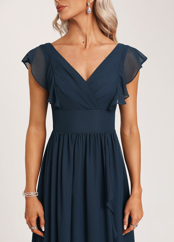 Vestido de dama de honor de gasa con volantes, escote en V y largo hasta el suelo