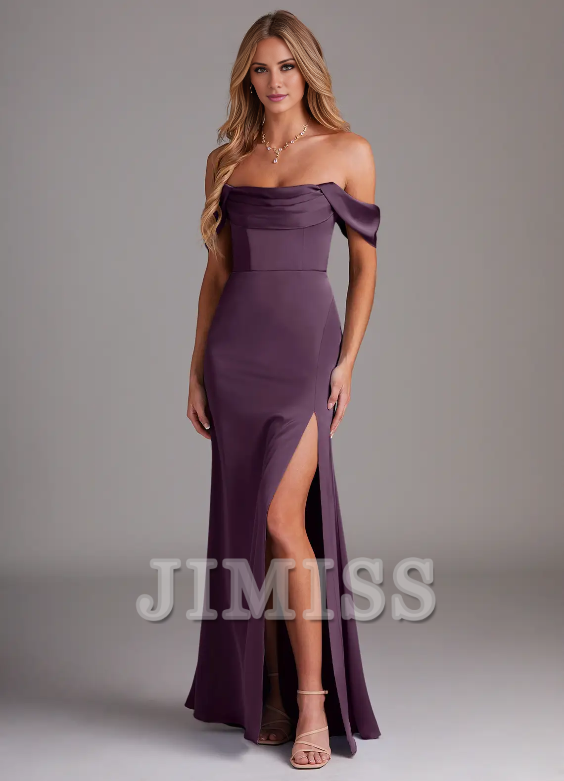 Vestido de dama de honor de satén con abertura lateral y hombros descubiertos, largo hasta el suelo - Vestido Jimiss 