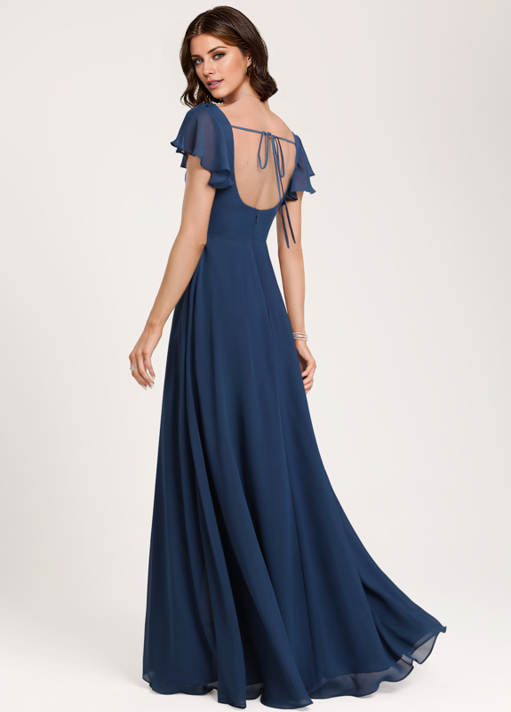 Vestido de dama de honor de gasa con volantes, corte A, cuadrado, largo hasta el suelo