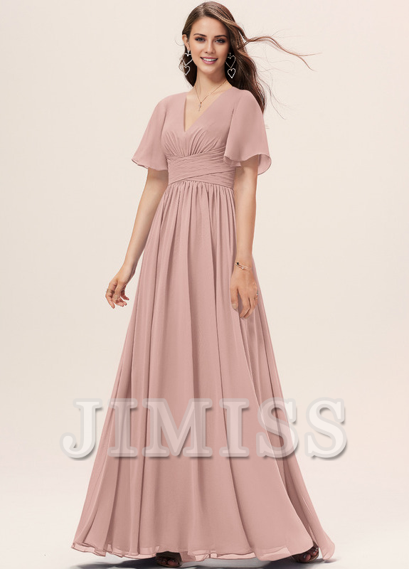 Vestido de dama de honor de gasa con volantes, escote en V y largo hasta el suelo