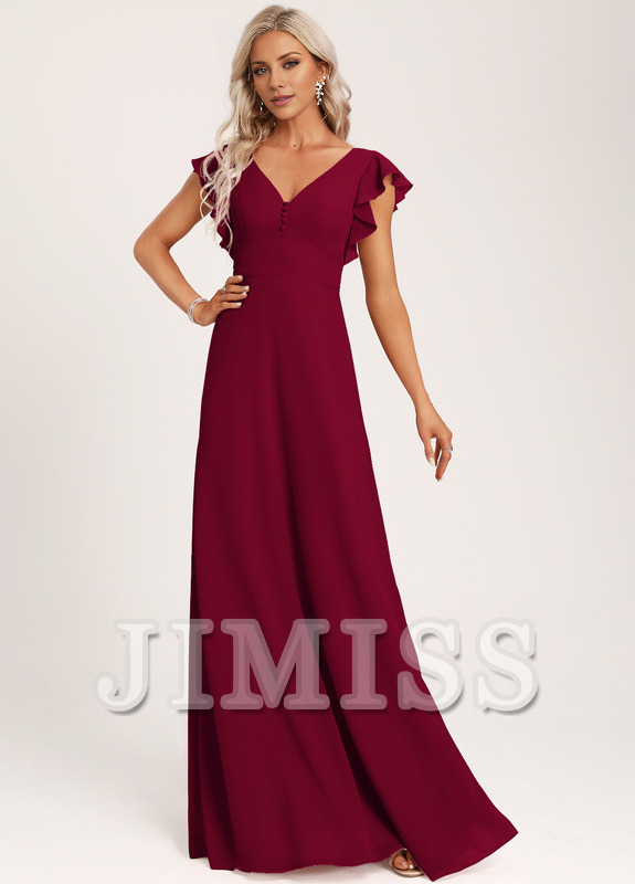 Vestido de dama de honor de gasa con volantes, escote en V y largo hasta el suelo