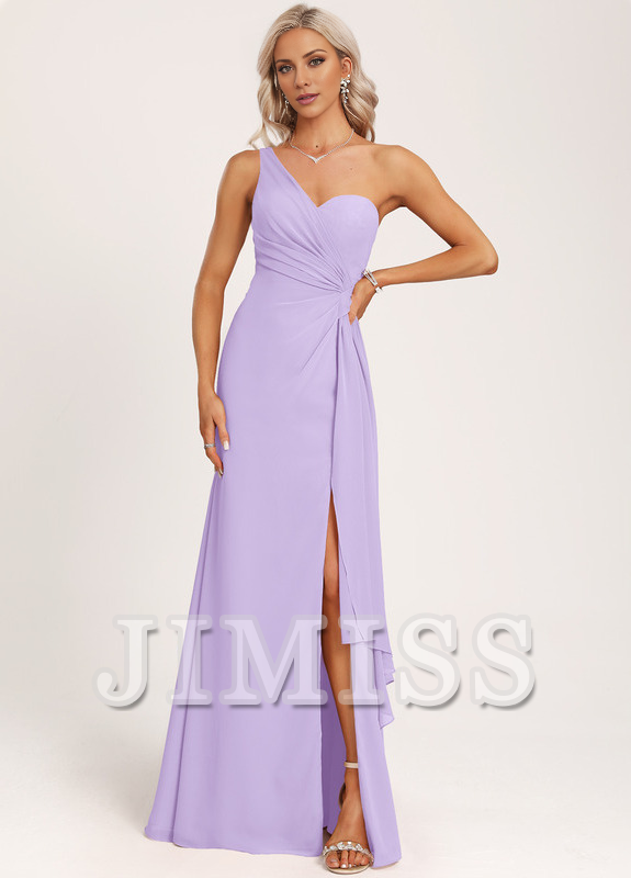 Vestido de dama de honor de gasa con volantes, corte A, un hombro al aire y largo hasta el suelo