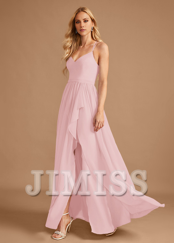 Vestido de dama de honor de gasa con volantes asimétricos y escote en V en forma de A