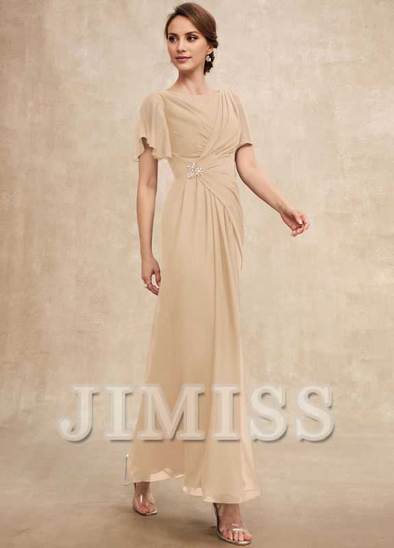 Vestido de gasa para madre de la novia, de corte A, plisado, con cuentas y escote pronunciado hasta los tobillos