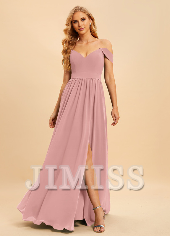 Abito da damigella d'onore in chiffon lungo fino a terra, con spalle scoperte e linea ad A