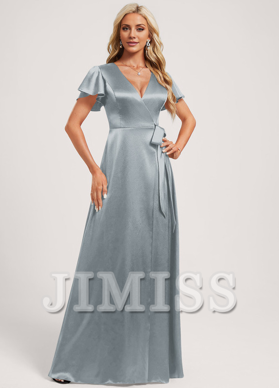 Vestido de dama de honor de satén elástico, largo hasta el suelo, con escote en V y corte A