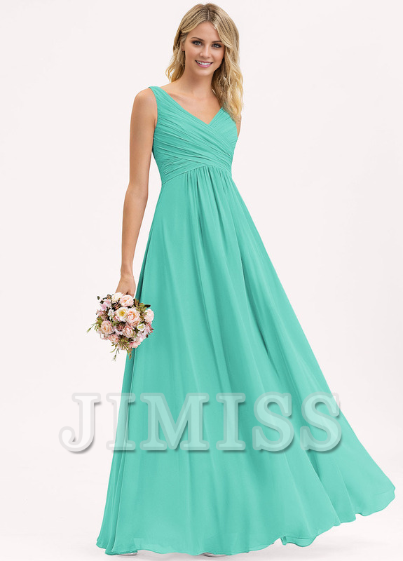 Abito da damigella d'onore in chiffon plissettato, lungo fino al pavimento, con scollo a V e linea ad A