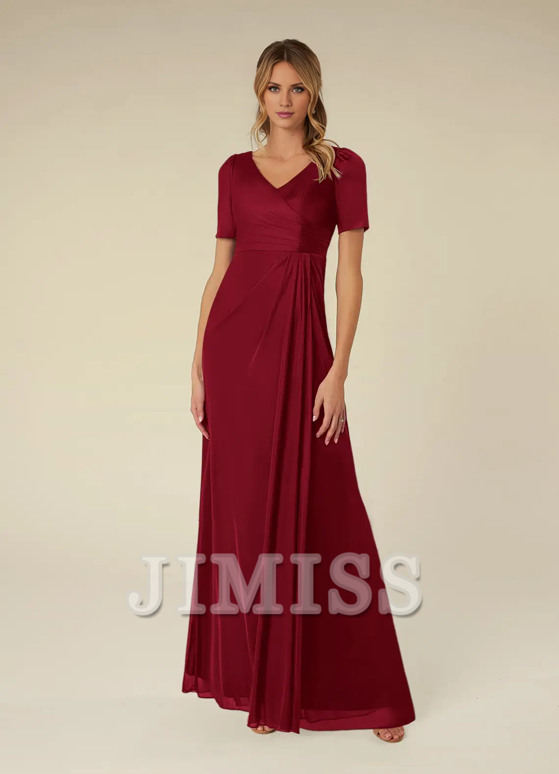 Abito da madre della sposa lungo fino al pavimento, a maniche corte, in rete plissettata, a trapezio