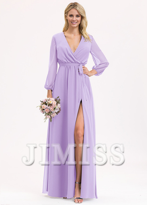 Abito da damigella d'onore in chiffon con scollo a V, lunghezza al pavimento, plissettato e fiocco