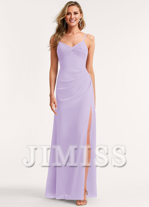 Abito da damigella d'onore in chiffon lungo fino al pavimento, con scollo a V e linea ad A