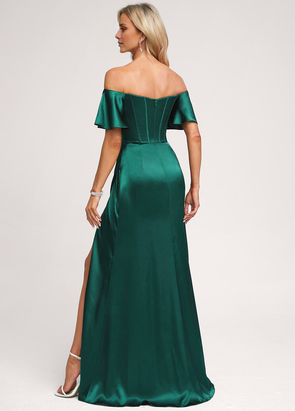 Abito da damigella d'onore in raso, a trapezio, con spalle scoperte e lunghezza al pavimento