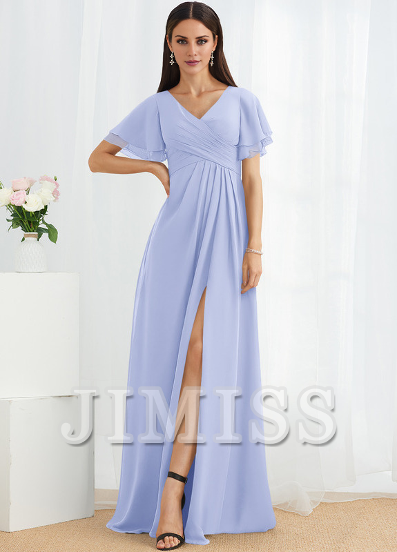 Abito da damigella d'onore in chiffon lungo fino al pavimento, con scollo a V e linea ad A