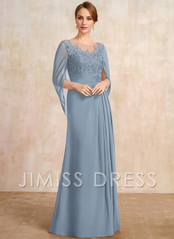 Dark Navy Chiffon A-Line Floor-Length Dress with Illusion Neck & Cape Sleeves