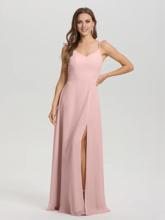 Vestido de dama de honor largo hasta el suelo con abertura en gasa con escote en V y tirantes anudados