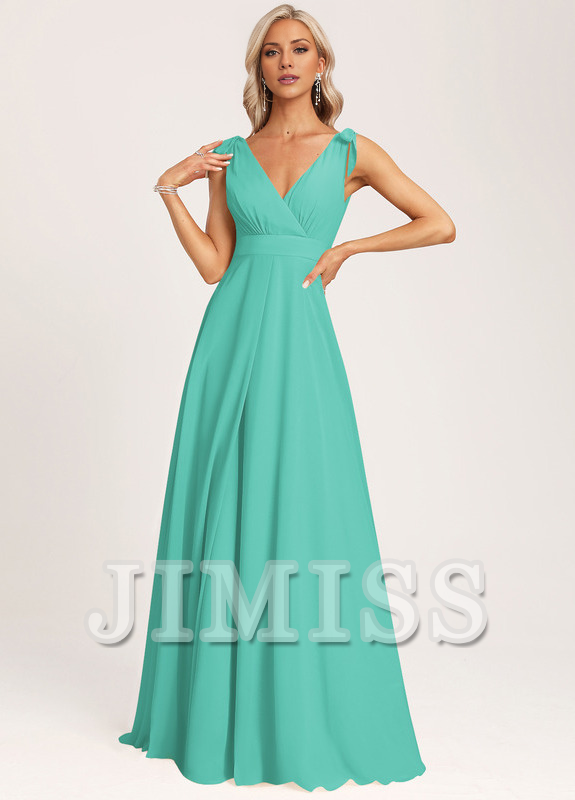 Vestido de dama de honor con escote en V y lazo de gasa en el fondo