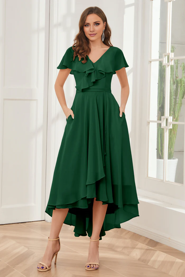 V-neck high-low short sleeved tea long bridesmaid dress