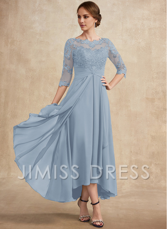 Slate Blue Chiffon A-Line Asymmetrical Evening Dress with Lace Bodice and Boat Neck