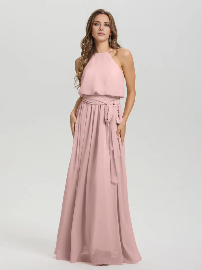 Vestidos de dama de honor de gasa sin mangas, con cuello redondo bajo y largo hasta el suelo