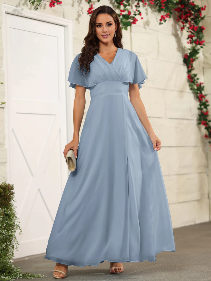 Chiffon short sleeved V-neck slit and floor length bridesmaid dress