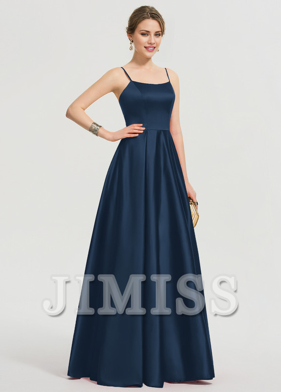 Vestido de fiesta largo hasta el suelo de satén con escote en A y corte cuadrado