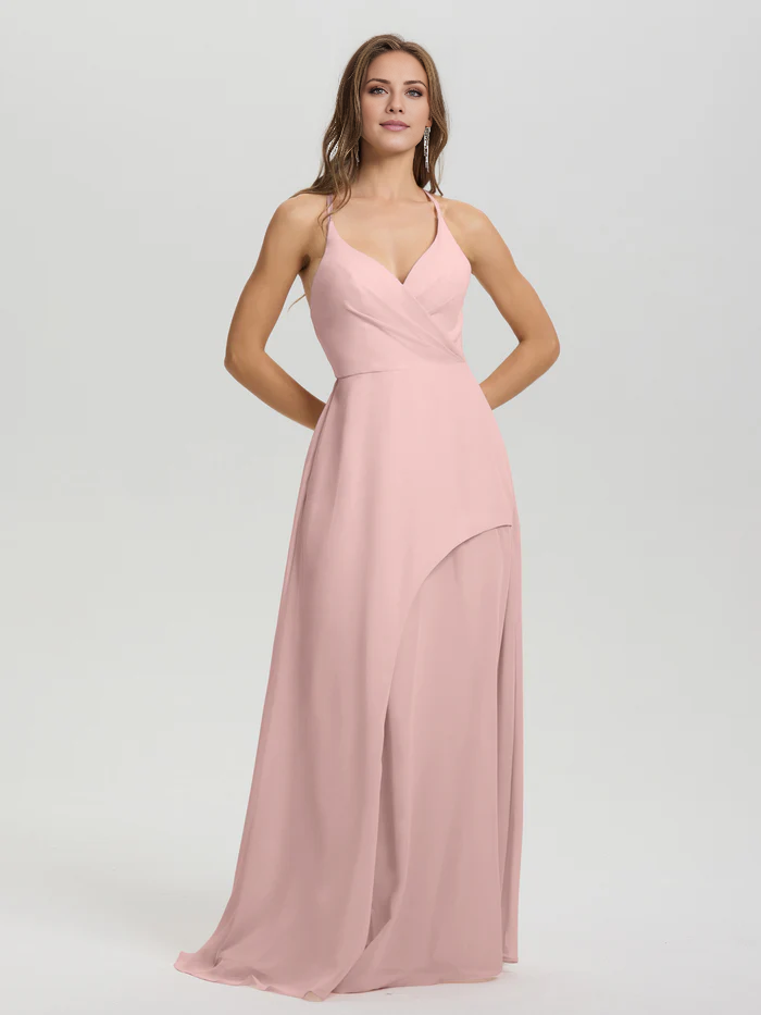 Shoulder strap V-neck backless long chiffon formal and floor length Bridesmaid dresses