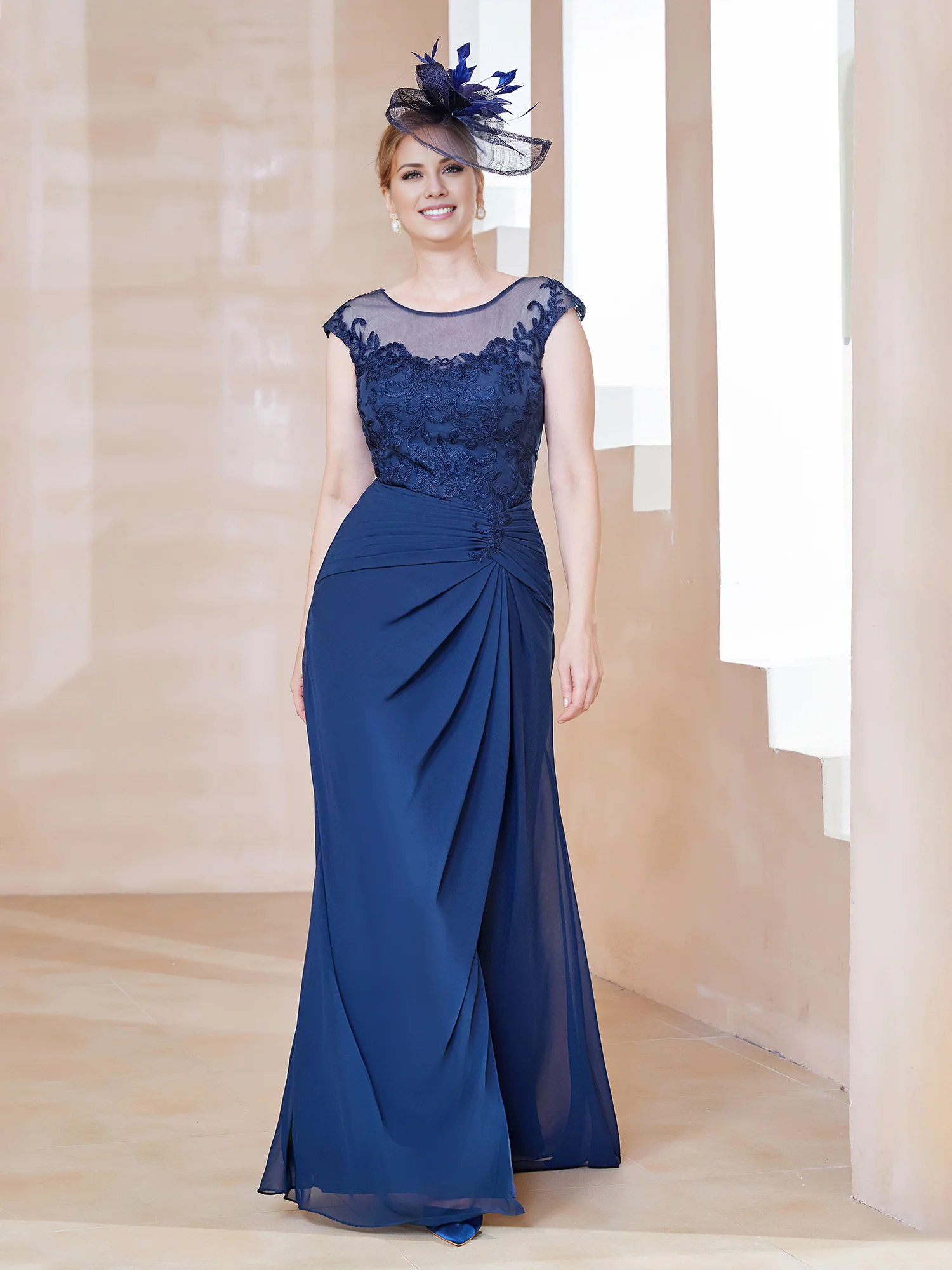 Dark Navy Chiffon A-Line Floor-Length Evening Dress with Illusion Neck and Draped Front