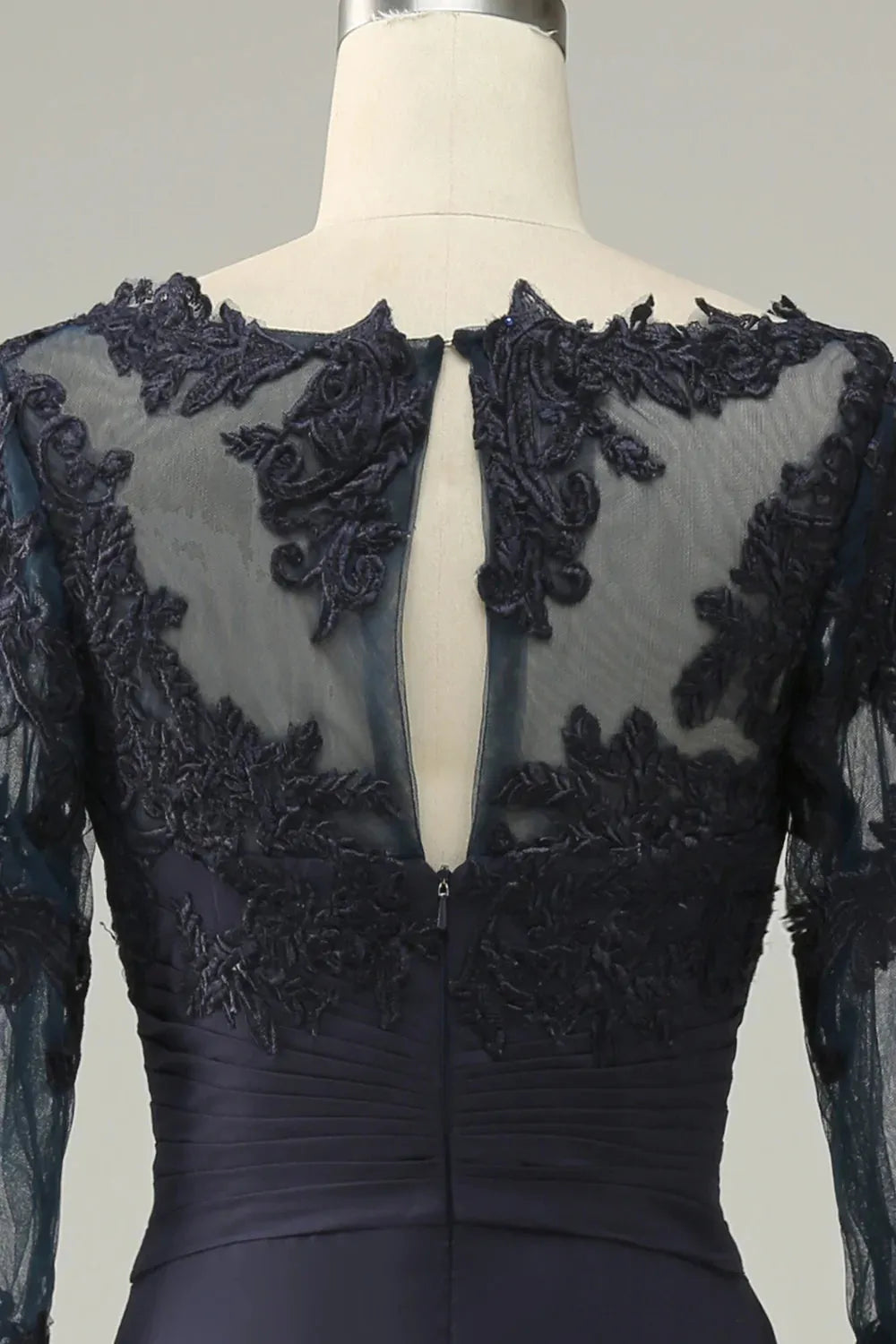 Dark Navy Chiffon A-Line Tea-Length Evening Dress - Lace Bodice & Illusion Neck