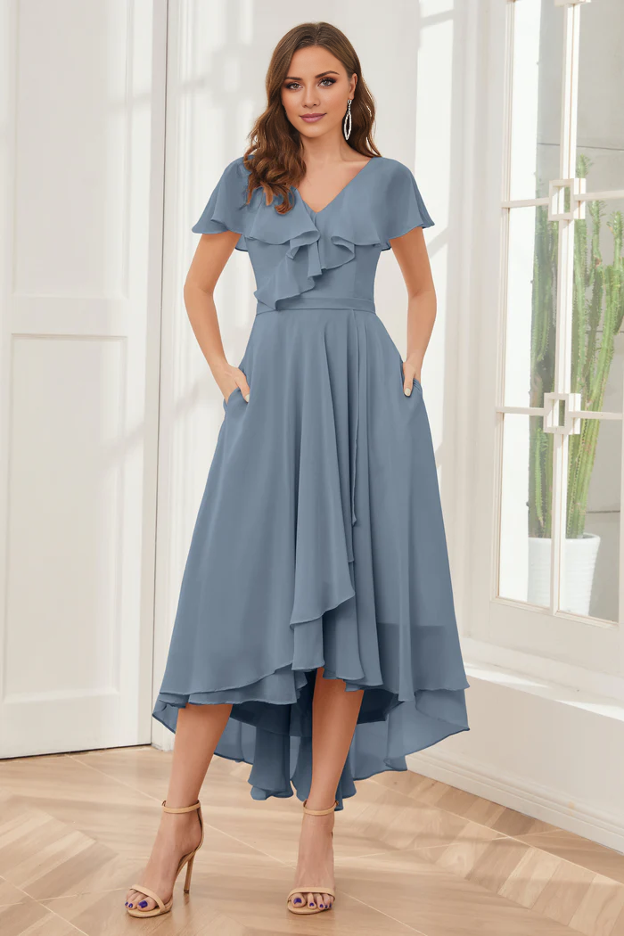 V-neck high-low short sleeved tea long bridesmaid dress