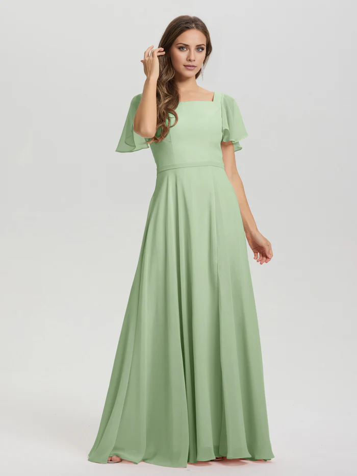 Vestido de dama de honor de gasa con cuello cuadrado, corte A, mangas cortas con volantes y largo hasta el suelo