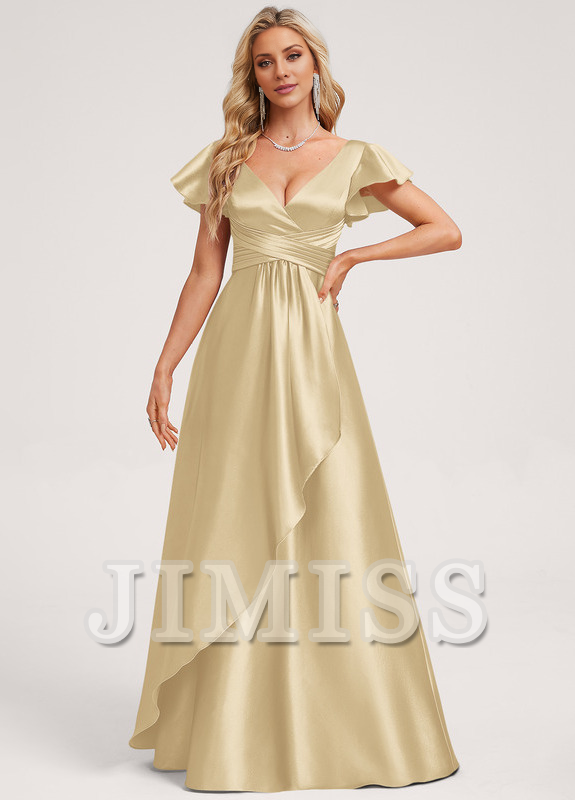 Vestido de dama de honor de satén con volantes, escote en V y largo hasta el suelo
