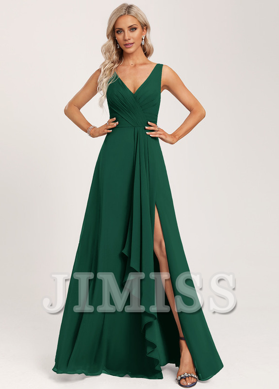 Vestido de dama de honor de gasa con volantes, escote en V y largo hasta el suelo