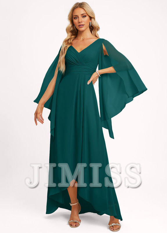 Vestido de dama de honor asimétrico de gasa con escote en V y volantes en forma de A