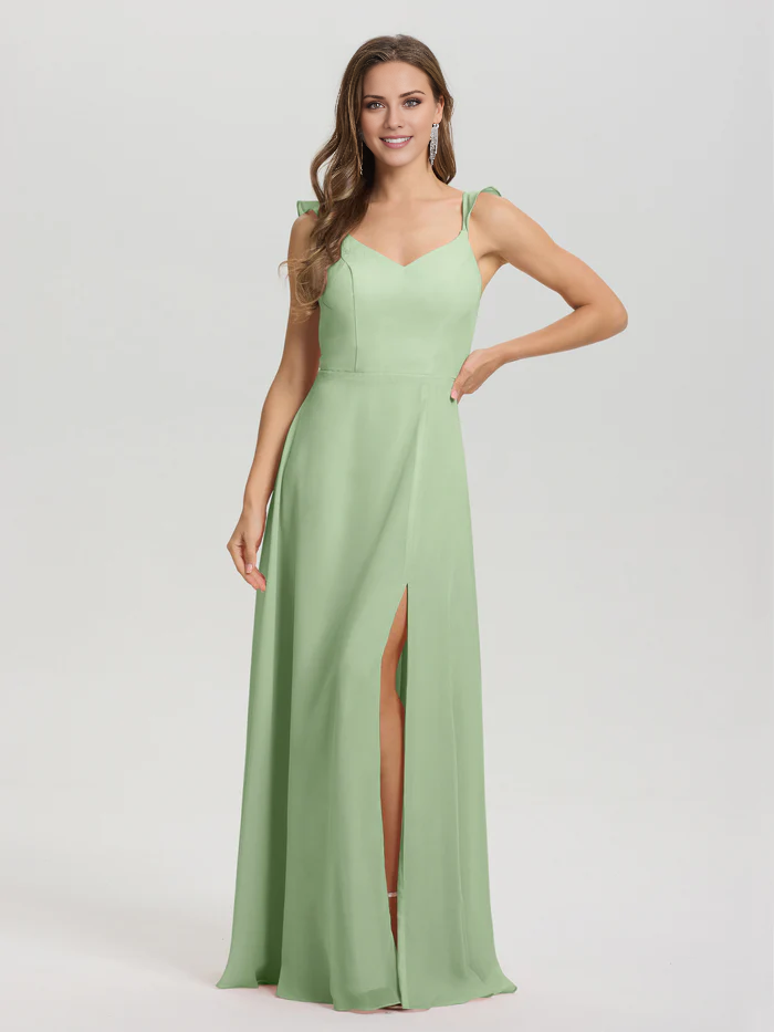 Vestido de dama de honor largo hasta el suelo con abertura en gasa con escote en V y tirantes anudados