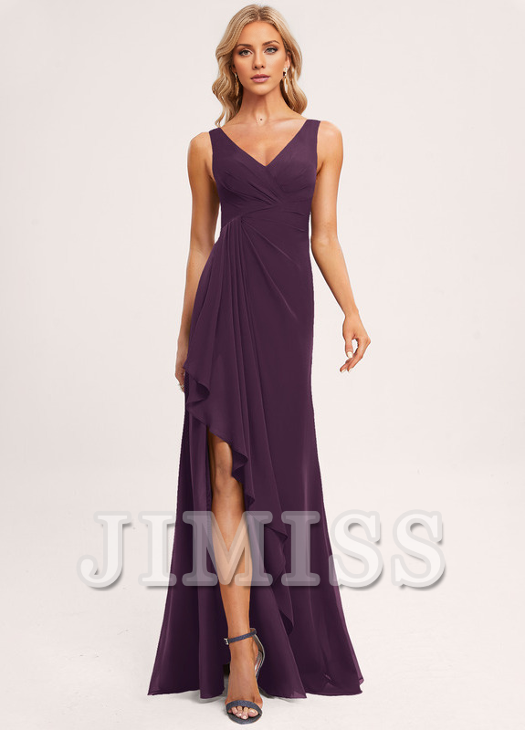 Vestido de dama de honor de gasa con volantes, escote en V y largo hasta el suelo