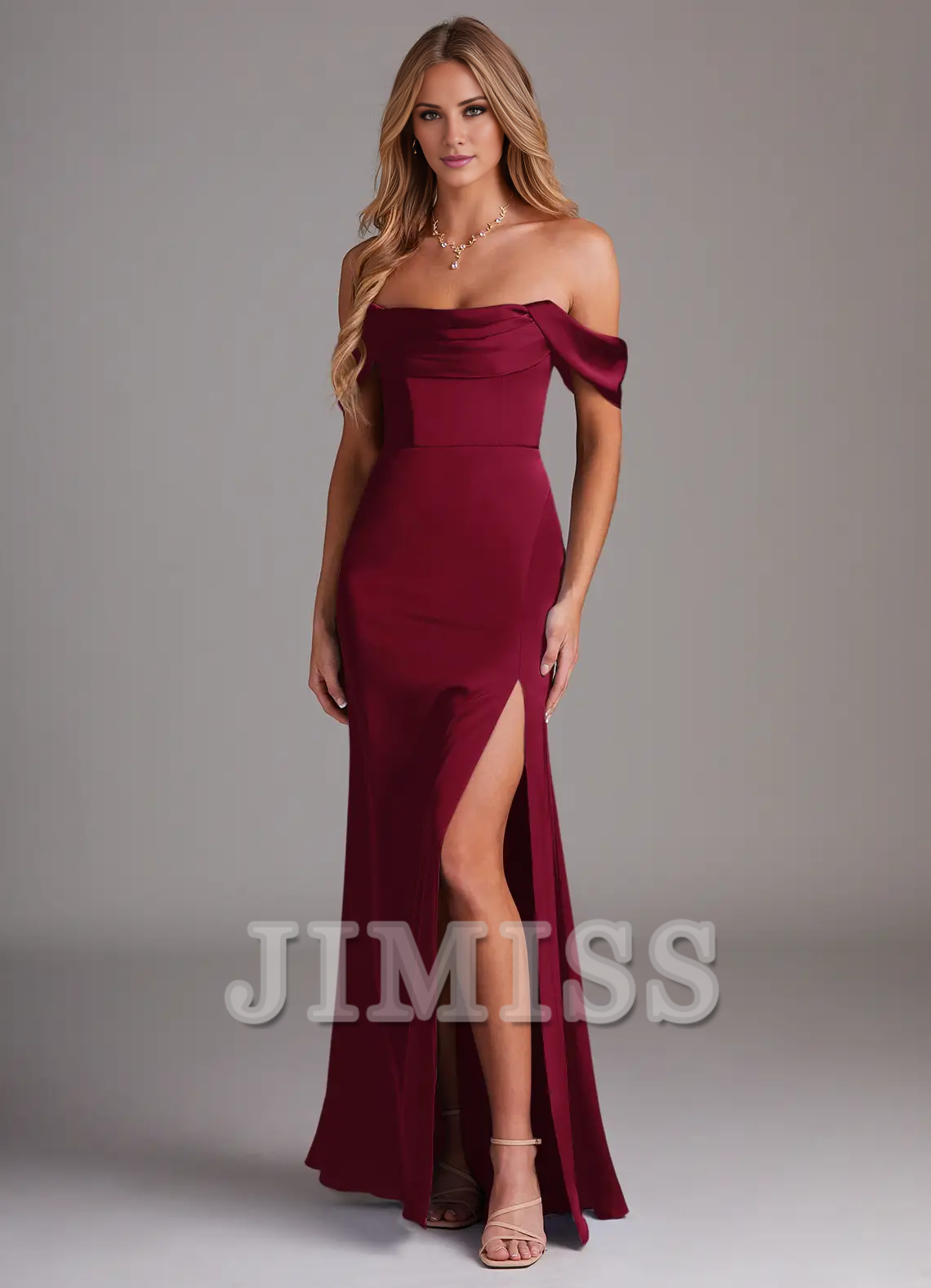 Vestido de dama de honor de satén con abertura lateral y hombros descubiertos, largo hasta el suelo - Vestido Jimiss 