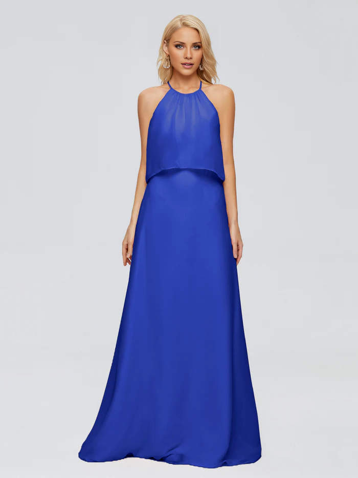 Vestido de dama de honor largo hasta el suelo en gasa con escote halter