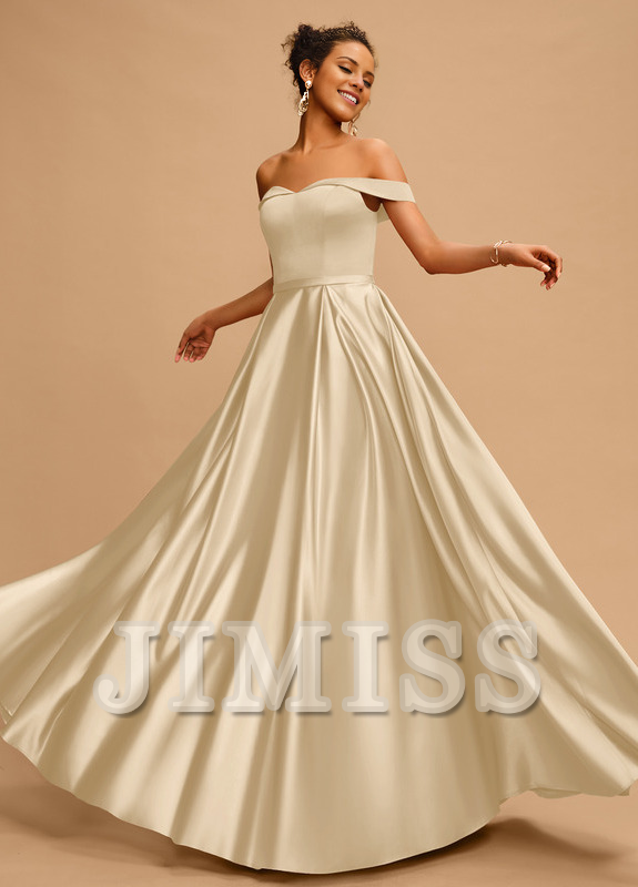 Abito da ballo in raso lungo fino a terra, con spalle scoperte e linea ad A