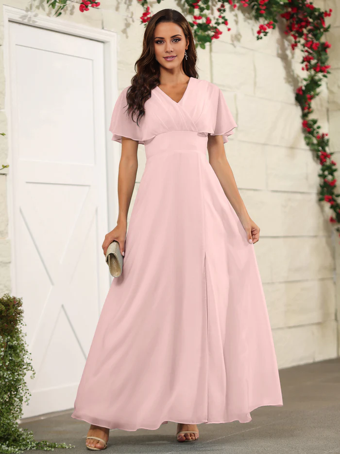 Chiffon short sleeved V-neck slit and floor length bridesmaid dress