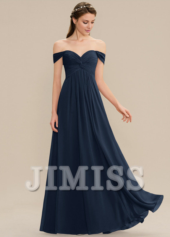 Vestido de dama de honor de gasa con volantes, corte A, hombros descubiertos y largo hasta el suelo