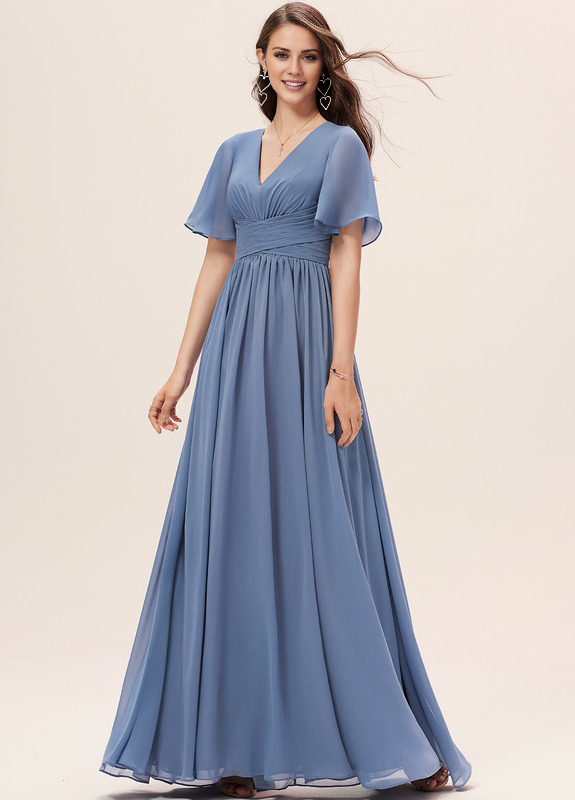 Vestido de dama de honor de gasa con volantes, escote en V y largo hasta el suelo