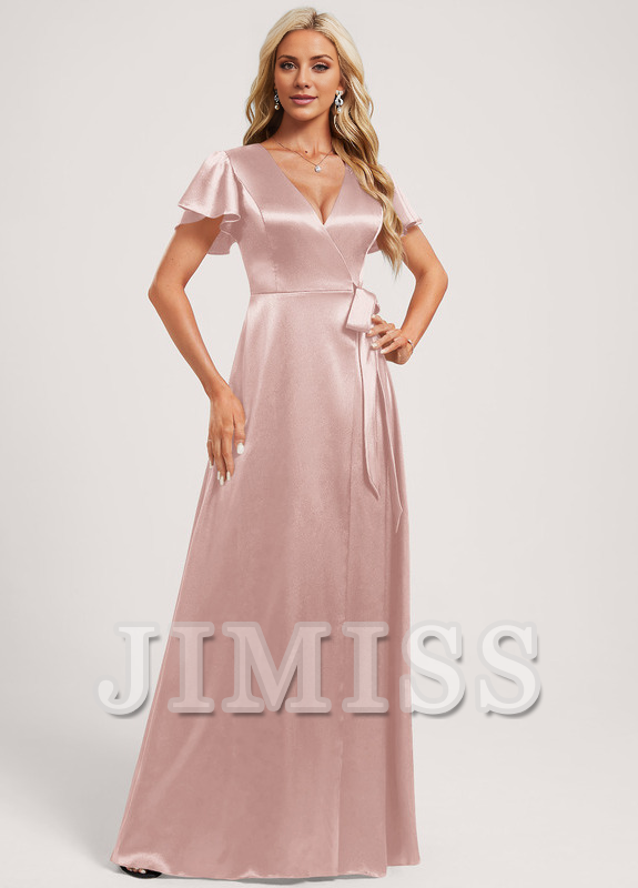 Vestido de dama de honor de satén elástico, largo hasta el suelo, con escote en V y corte A